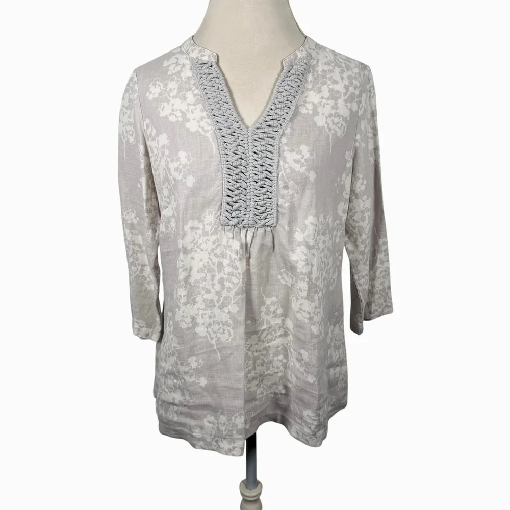Boden Crochet Trim Tunic Blouse 100% Linen V-Neck Boho Coastal Cottage Size 10P
